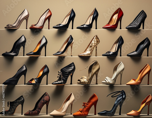 fondo con detalle y textura de varios zapatos de mujer con varios diseños y colores