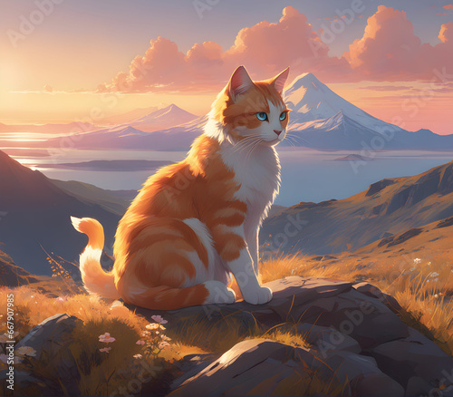 Red cat sitting on a rock in the meadow against the background of the mountain, red cat, meadow, rock, mountain, feline, animal, domestic cat, natural landscape, scenic view, beautiful scenery