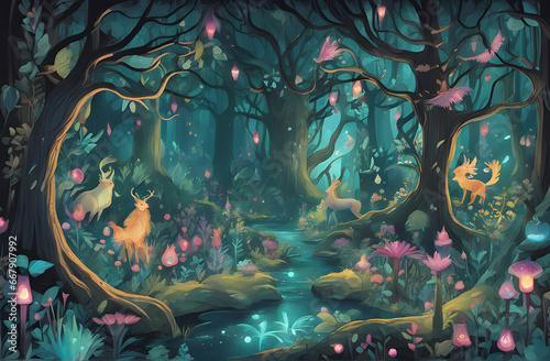 Beautiful fantasy forest with trees and fawns. Vector illustration, beautiful, fantasy forest, trees, fawns, vector illustration, enchanted woods, magical landscape, whimsical trees, woodland