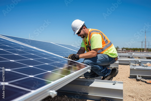 A worker is installing and inspecting solar panels