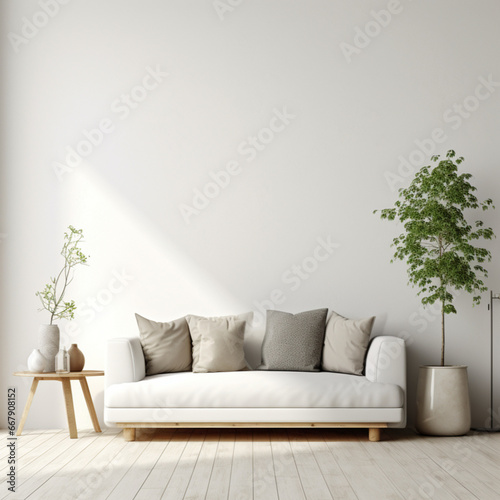 Nordic simple living room, white sofa, flat background style, clean and simple design, natural lighting