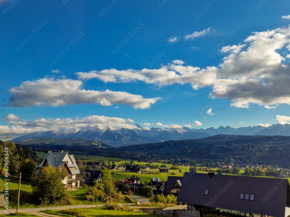 view from the village of the mountain landscape, Tatra National park, High Tatras, Carpathian mountains, Poland