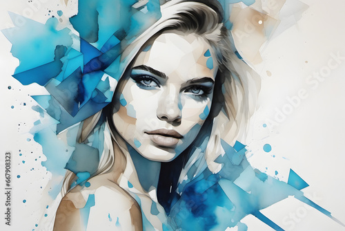 Woman painted with water paint and blue triangular random pattern surrounding and inside the face making a nitrating beautiful illustration © Marcus