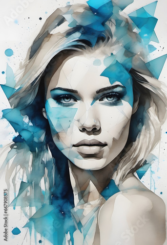 Woman painted with water paint and blue triangular random pattern surrounding and inside the face making a nitrating beautiful illustration