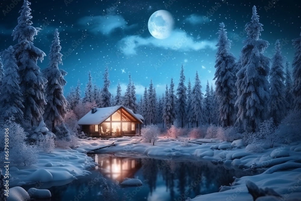 Fototapeta premium Beautiful winter landscape with snow covered trees and wooden house on lake. Winter landscape with wooden house on the bank of the river at night.