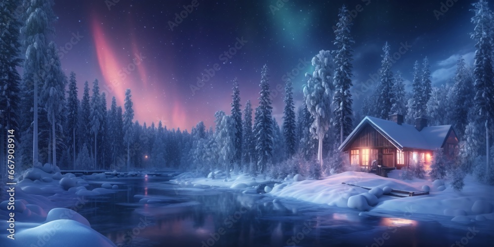 Beautiful winter landscape with snow covered trees and wooden house on lake. Winter landscape with wooden house on the bank of the river at night. Beautiful winter landscape with snow covered trees and wooden house on lake. Winter landscape with wooden house on the bank of the river at night.