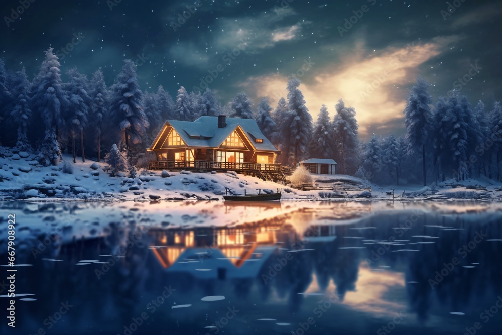 Fototapeta premium Beautiful winter landscape with snow covered trees and wooden house on lake. Winter landscape with wooden house on the bank of the river at night.