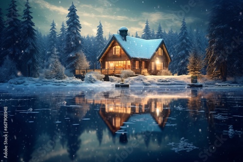 Beautiful winter landscape with snow covered trees and wooden house on lake. Winter landscape with wooden house on the bank of the river at night. © vachom