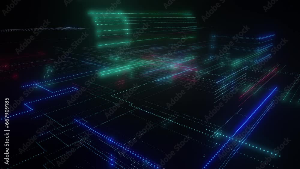 Digital neon technology mesh made of bright lines and dots. Abstract digital space system with data. Bright technological glowing circuits on a black background Digital neon technology mesh made of bright lines and dots. Abstract digital space system with data. Bright technological glowing circuits on a black background