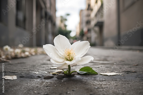 White flower blooming out of the concrete in the middle of the street in the old city. Concept of plant power. AI generated.