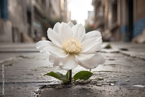 White flower blooming out of the concrete in the middle of the street. Concept of plant power. AI generated.
