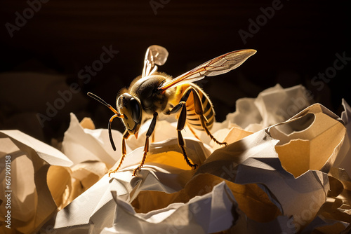 A fierce hornet guarding its paper-like nes photo