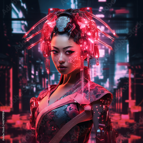 Neon Fusion: The Cyberpunk Transformation of a Japanese Geisha