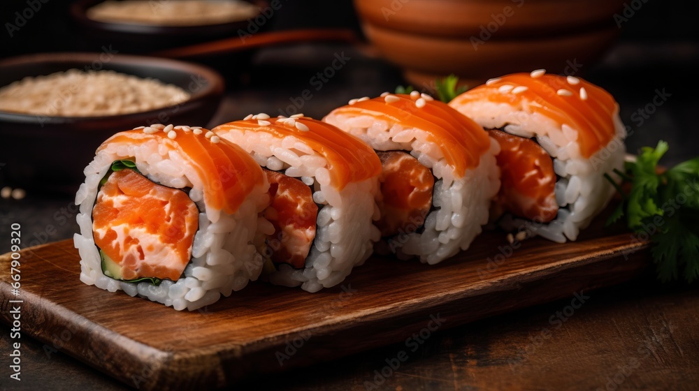 Fresh sushi with salmon. Tasty fresh Sushi Rolls with Salmon. Asian cuisine concept. Fresh sushi with salmon. Tasty fresh Sushi Rolls with Salmon. Asian cuisine concept.