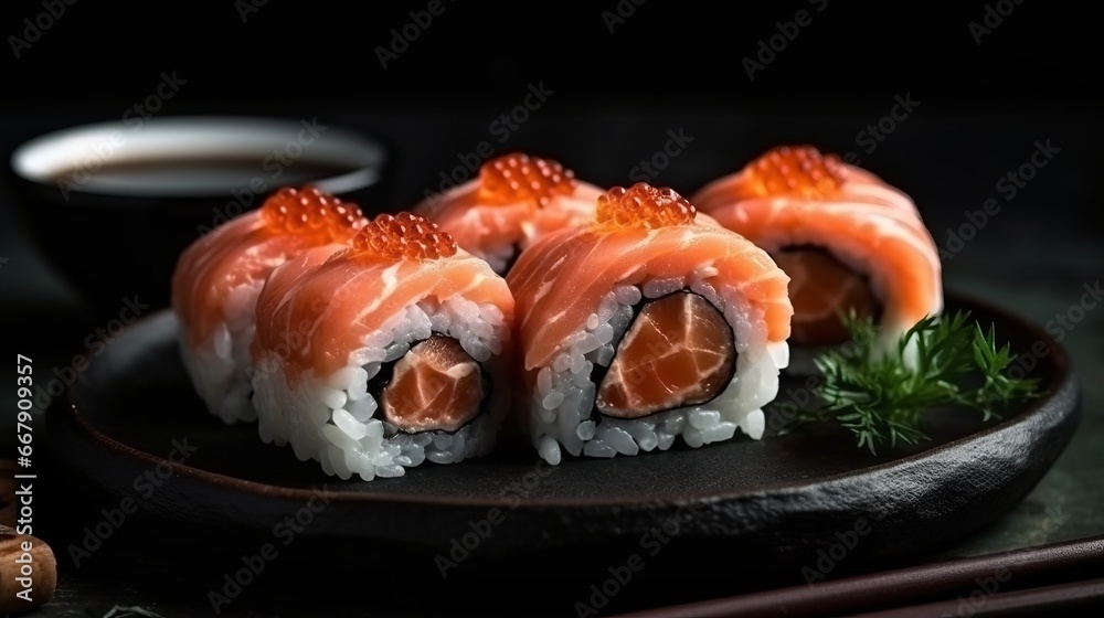 Fresh sushi with salmon. Tasty fresh Sushi Rolls with Salmon. Asian cuisine concept. Fresh sushi with salmon. Tasty fresh Sushi Rolls with Salmon. Asian cuisine concept.