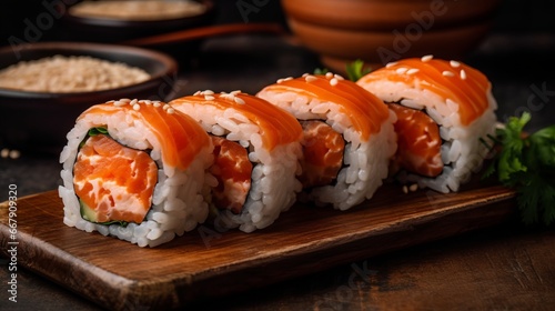 Fresh sushi with salmon. Tasty fresh Sushi Rolls with Salmon. Asian cuisine concept.