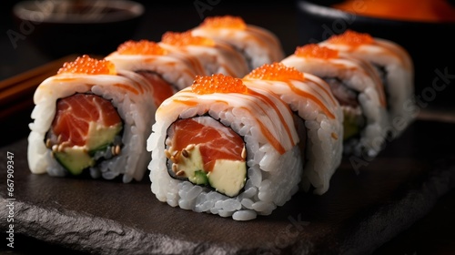 Fresh sushi with salmon. Tasty fresh Sushi Rolls with Salmon. Asian cuisine concept.