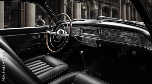 view of classic race car interior, in the style of monochromatic elegance © alex