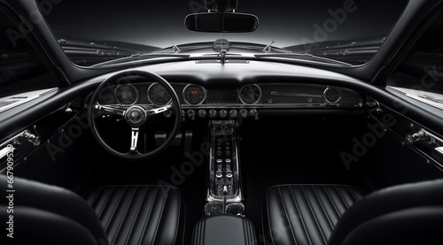 view of classic race car interior, in the style of monochromatic elegance