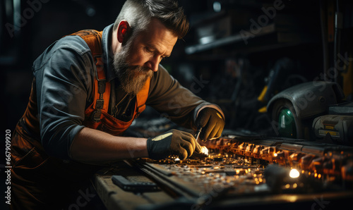 A middle-aged man with a long beard is repairing something