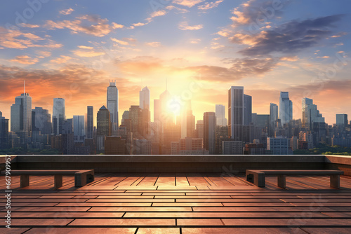 Empty floor in front of city background