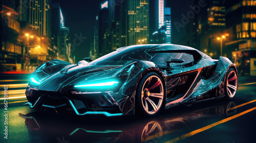 A sci-fi style supercar is driving on the streets of the night city