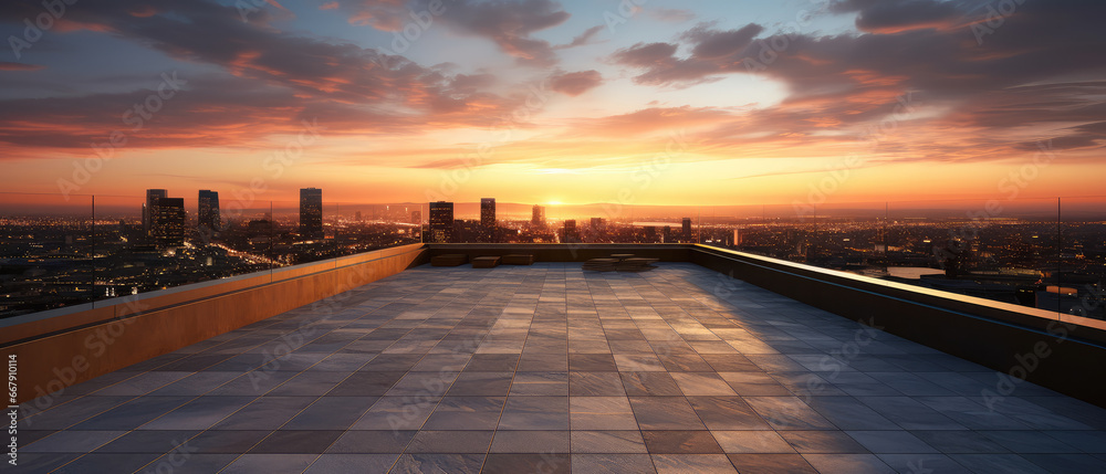 Empty floor foreground and distant city sunset
