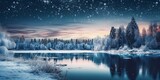 Winter forest and river. Winter landscape with trees and river at night. Beautiful nature background