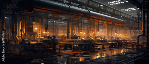 Manufacturing Marvel: Workers and Machines Inside Large Factory