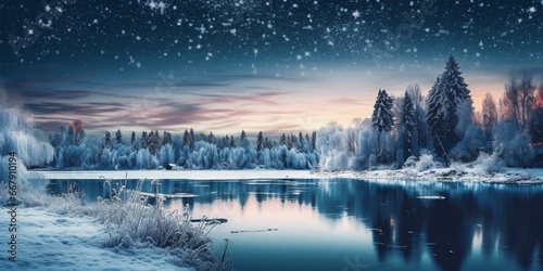 Winter forest and river. Winter landscape with trees and river at night. Beautiful nature background