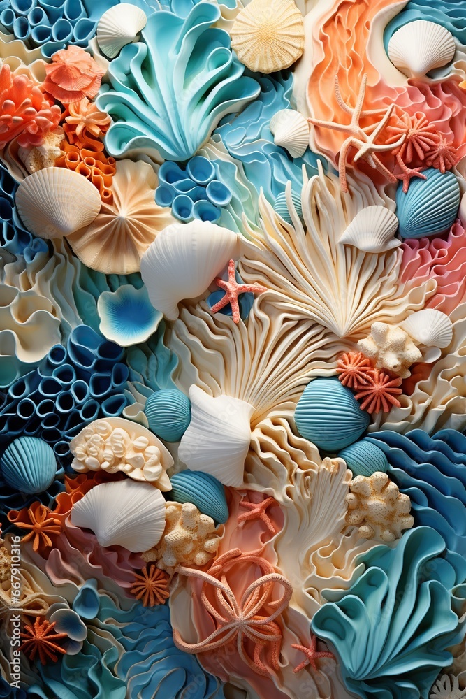 Ocean elements. Algae, corals, shells and tubulars. Marine decorative set. Underwater ecosystem, aquatic natural creatures. Generated by artificial intelligence