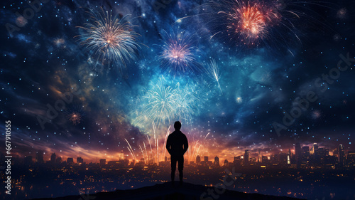 Image of a man standing with his back against the background of the night sky with fireworks. Generative AI