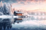 Beautiful winter landscape with a small house on the shore of the lake. Beautiful winter landscape with snow covered trees and wooden house on lake.