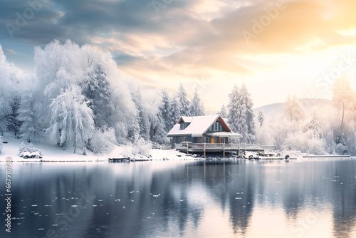 Beautiful winter landscape with a small house on the shore of the lake. Beautiful winter landscape with snow covered trees and wooden house on lake. © vachom