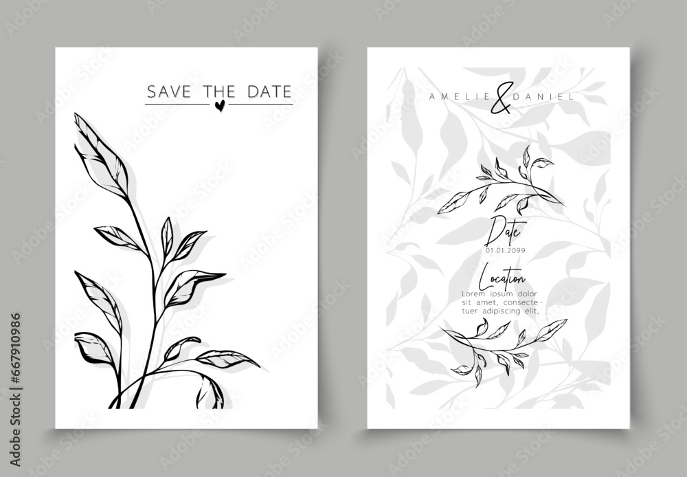 Set of cards minimal hand drawn branch elements in line art style. Botanical leaves frame template. Editable vector design card for advertising, cover, wedding invitation, poster or save the date.