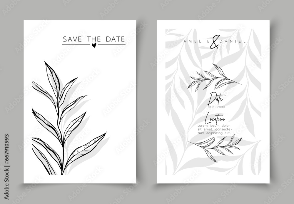 Set of cards minimal hand drawn branch elements in line art style. Botanical leaves frame template. Editable vector design card for advertising, cover, wedding invitation, poster or save the date.