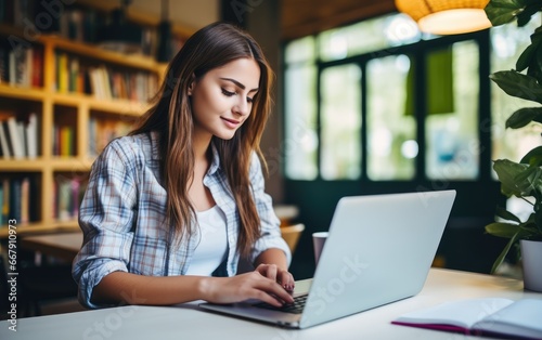 Young student woman studying with laptop in the school library, learning online