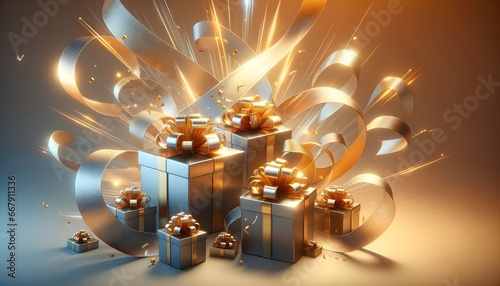 A dynamic scene where gift boxes wrapped in metallic paper float in mid-air, with radiant golden ribbons creating a festive ambiance.