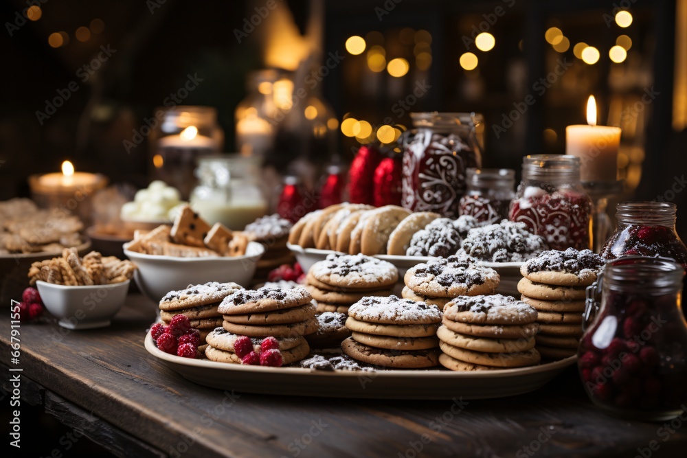 Christmas cookies on a wooden table with candles in the background. Selective focus. Holiday.