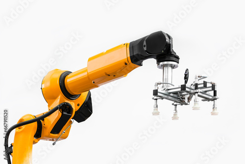 Industrial robotic arm with vacuum grip for moving heavy boxes. Factory robot isolated on white background.