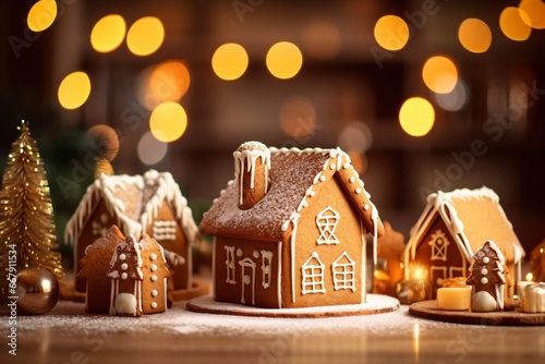 Christmas gingerbread houses on wooden table with bokeh background.. Pastries in the form of houses. Festive scene with holiday pastries. Christmas and New Year background.
 photo