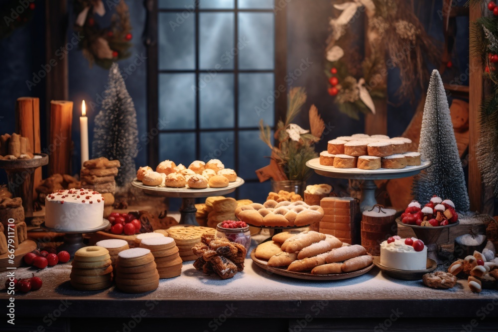 Christmas cookies on a wooden table with candles in the background. Selective focus. Holiday.