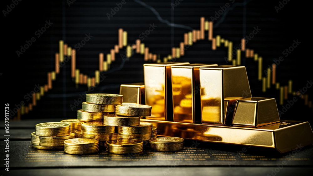 golden coins and graph of gold on the table with gold bars and chart. golden coins and graph of gold on the table with gold bars and chart.
