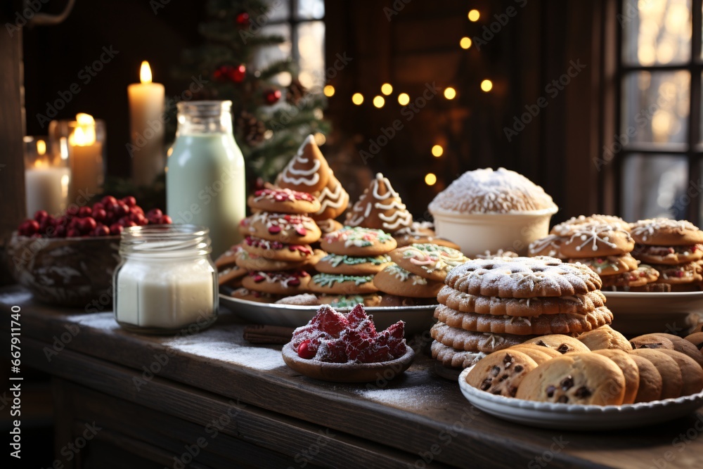 Christmas cookies on a wooden table with candles in the background. Selective focus. Holiday. Christmas cookies on a wooden table with candles in the background. Selective focus. Holiday.