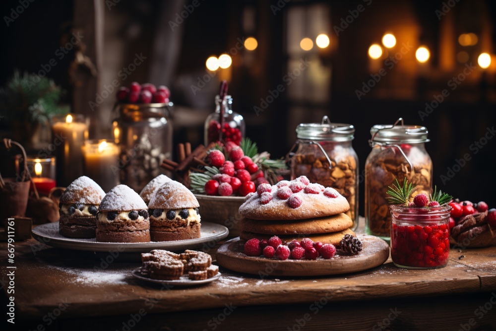 Christmas cookies on a wooden table with candles in the background. Selective focus. Holiday.