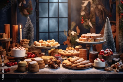 Christmas cookies on a wooden table with candles in the background. Selective focus. Holiday.