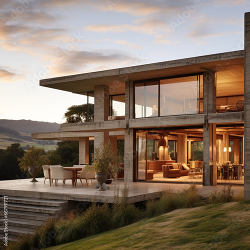 photo of house, rammed earth construction, modest home new zealand landscape photo