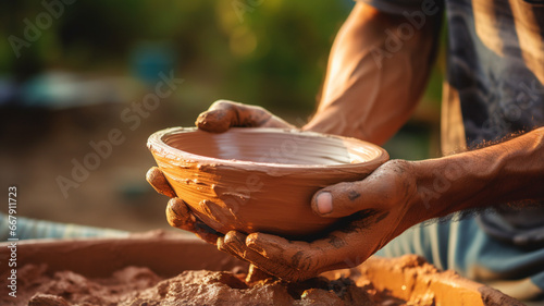 close up view of male potter hands making pot with clay wheel