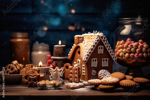 Christmas gingerbread houses on wooden table with bokeh background.. Pastries in the form of houses. Festive scene with holiday pastries. Christmas and New Year background. 