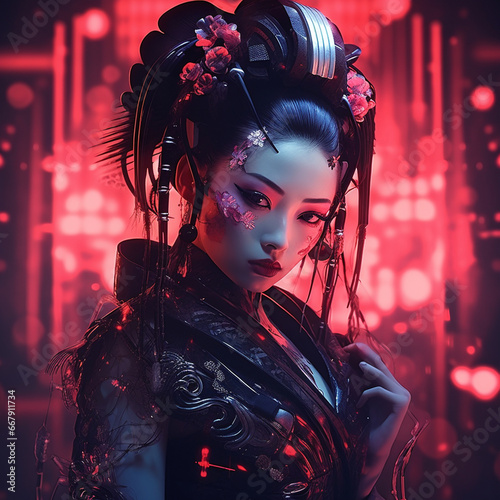 Neon Fusion: The Cyberpunk Transformation of a Japanese Geisha
